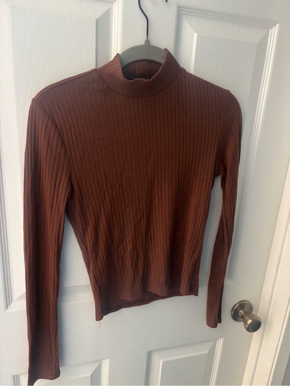 Ribbed Mock Neck Long Sleeve Top in Rust Brown